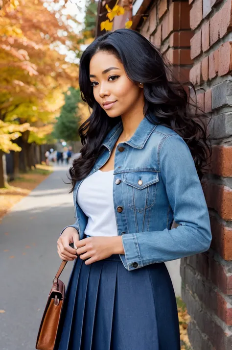 a woman in a blue skirt and denim jacket leaning against a brick wall