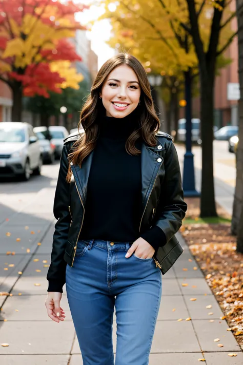 photo of beautiful (csyclvrt:0.99), Long layers hair style, young, smiling, edgADC_fashion, wearing edgADCs, blue jeans, red turtleneck, leather jacket, walking on a tree lined sidewalk on a college campus, dynamic pose , looking at viewer, makeup, eye-liner, lip gloss, nails, dark eye shadow, jewelry, earrings, bracelet, full body, perfect feet,day time, back lit, perfectsmile smile,