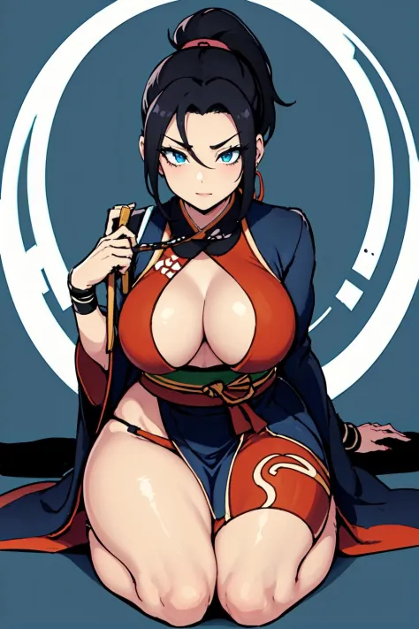 1girl, (kunoichi:1.1), medium breasts, black hair, medium hair, ponytail, blue eyes, (kimono), seiza