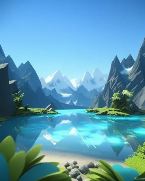 quality a poly art, pokemon 4 in render, ice, 3d humans, no sky, close lake, outdoors, with rendered octane, as up reflection, 3 scenery, stylized blue low cinema4d, standing, water, high lowpoly horizon mountain, d, mountainous river, d blurry, mountain of landscape cinema (creature), day, digital low-poly, mountain, scenery, no humans, lake, sky