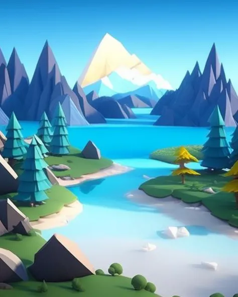 a close up of a cartoon style landscape with a lake and mountains