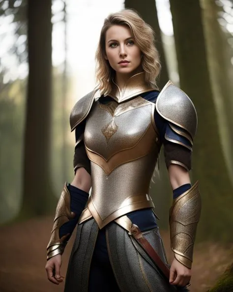 a woman in armor standing in the woods with trees