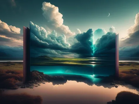 a giant surreal book,open art,in |,masterpiece,cloudy solo,sky sky,standing daily 1other,behind,art outdoors,fantasy front beeple 3 scenery,man cloud,standing,artgem water,landscape,beeple,style,d symmetrical realism from and | of artwork,render digital,cloud,sky,solo,scenery