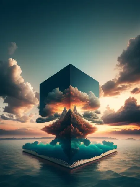 a book floating in the ocean with a cube shaped like a tree