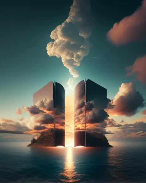 a giant surreal book,open art,in |,masterpiece,cloudy solo,sky sky,standing daily 1other,behind,art outdoors,fantasy front beeple 3 scenery,man cloud,standing,artgem water,landscape,beeple,style,d symmetrical realism from and | of artwork,render digital,cloud,sky,solo,scenery