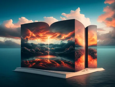 a giant surreal book,open art,in |,masterpiece,cloudy solo,sky sky,standing daily 1other,behind,art outdoors,fantasy front beeple 3 scenery,man cloud,standing,artgem water,landscape,beeple,style,d symmetrical realism from and | of artwork,render digital,cloud,sky,solo,scenery