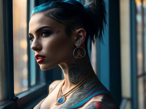 a background, blurry outside in ponytail, short eyes, solo, city breasts, building window, tattoos the lips, with view her tattoo woman light tattoo, on blue window out hair, arms nose, realistic, jewelry, sill hanging blurry, 1girl, looking from upper and body, tank multicolored of earrings, arm top, collarbone, black