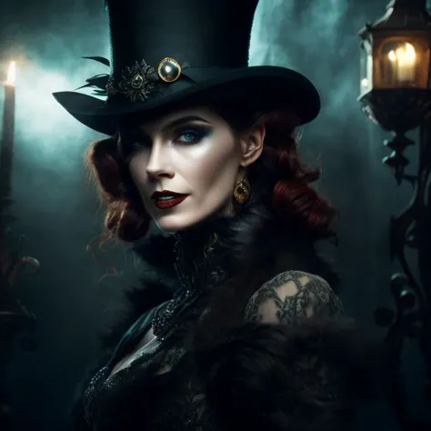 a woman with white makeup and a top hat, portrait of a steampunk ice lady, female mad hatter, the madhatter, portrait of alice in wonderland, dark fantasy portrait, the mad hatter, mad hatter, portrait of a bloodborne hunter, grim-hatter, fantasy portrait, gritty portrait, dramatic cinematic portrait, dramatic portrait, 1girl, hat, solo, braid, top hat, blue eyes, smile, looking at viewer, realistic, brown hair, long hair, hat feather, feathers concept art, intricate details, highly detailed, cinematic lighting, artstation, concept art, smooth, sharp focus, illustration, art by artgerm and greg rutkowski and alphonse mucha