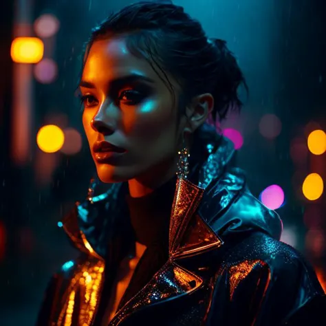 a woman in a black leather jacket standing in the rain