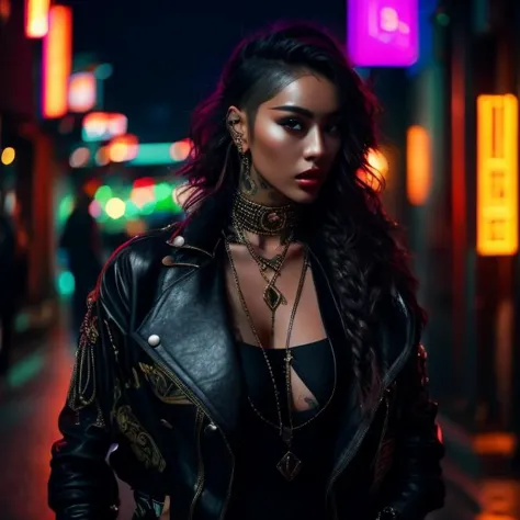 a woman in a black leather jacket standing on a city street