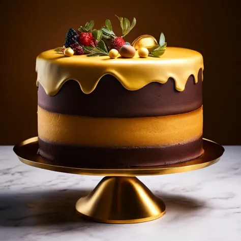 a close up of a cake with chocolate and fruit on top