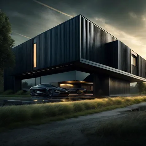 a black car parked in front of a modern house