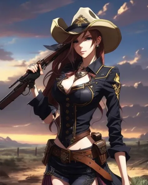 a woman wearing a cowboy hat and holding a gun, anime, anime style, 1girl, solo, hat, cowboy hat, gloves, blurry background, long hair, weapon, blurry, holding, shirt, braid, outdoors, cowboy shot, asymmetrical clothes, belt, looking at viewer<lyco:di.FFUSION.ai-tXe-FXAA:1.0>