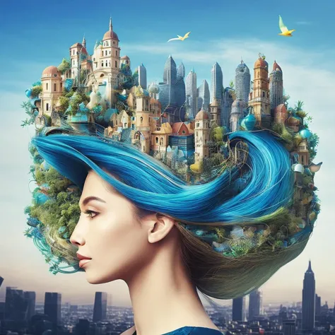 arafed woman with a city and birds in (her hair:1.42), elaborate digital art, beautiful digital artwork, surrealistic digital artwork, gorgeous digital art, stunning digital illustration, inspiring digital art, 4k highly detailed digital art, stunning digital art, intricate digital painting, intricate digital artwork, breathtaking digital art, 4k detailed digital art, stylized digital art, no humans, water, bird, fish, waves, building photography | 8K Hyper Real + Highly Realistic :: Intricate  textures by Marc Simonetti, Matte Ink and Hyper Real -epic graphic layout rendered stunning atmosphere & vibrant vintage colours --test