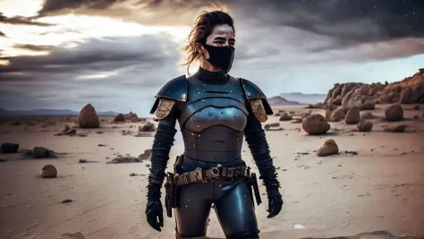 photo,AllTooEasy style a woman standing in the desert with her hair blowing in the wind,(handsome man) in Very Gray Plate Armor wearing mask and sunglasses,ruins semi-arid desert in background,Nighttime Sky death stranding style: a person standing on a rocky beach under a cloudy sky,<lora:21DS:0.8>,