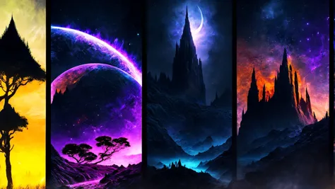 a series of four different images of a mountain with trees and planets