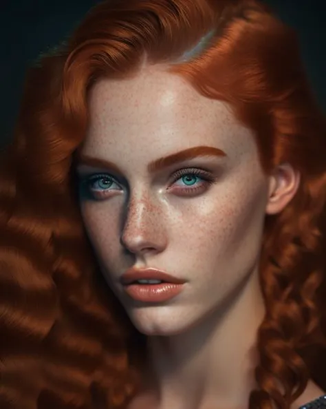 a close up of a woman with red hair and blue eyes