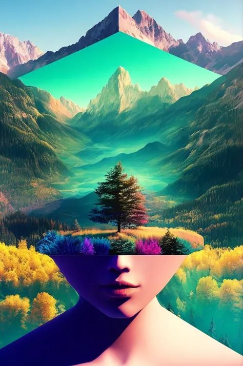 there is a digital painting of a woman's head with trees and mountains in (the background:1.21), beeple artwork, style hybrid mix of beeple, beeple |, artgem and beeple masterpiece, realism | beeple, beeple art, beeple and mike winkelmann, beeple daily art, beeple masterpiece, tree, scenery, mountain, cloud, sky, no humans, sun, planet, fantasy