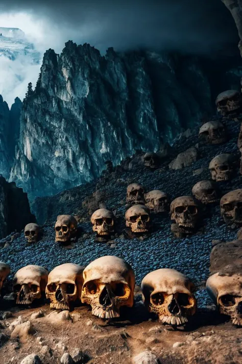 a large group of skulls are in a cave with a mountain in the background and a sky in the background with clouds and fogs above them, and a few skulls are in the foreground, and a few of the foreground, (no humans:1.38), skull, monochrome, blurry, skeleton, scenery, underwater dark, concept art, intricate, sharp focus, digital art, 8 k