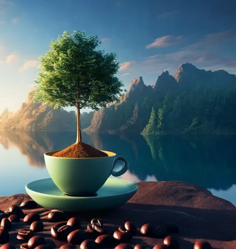 A cup of coffee takes on a surreal twist as a tree sprouts from it. The coffee transforms into a nourishing elixir that breathes life into the tree, creating a whimsical and dreamlike scene. This surreal illustration combines elements of (fantasy:1.31) and reality, inviting viewers to immerse themselves in a world where everyday objects can become magical. Against a backdrop of soft colors and intricate details, the coffee cup and the growing tree create a captivating and tranquil composition. Futurism by be Marcel Jankowicz, Salvador Dali, and Thomas Rong Van Baarle, 8k photorealistic, cinematic lighting(set in blade runner), High reflections), ambient cave painting, Anubis concept style, landscape painting, (Beksinski period art:1.21) highly saturated: Andrew McCutney, Alex Grey