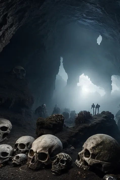 a group of skulls and people standing in a cave