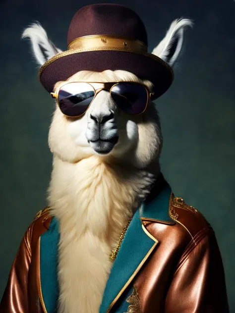 a llama wearing sunglasses and a hat, llama anthro portrait, llama portrait, portrait of a llama, lama, wild fluffy llama portrait, llama all the way, alpaca, lama with dreadlocks, llama, award winning creature portrait, inspired by Frieke Janssens, by Christian W. Staudinger, highly detailed cgsociety, by Frieke Janssens, sunglasses, jewelry, necklace, solo, no humans, upper body, red jacket, realistic, 1boy, male focus, closed mouth, furry, smile (art:1.38) by (art:1.38)germ and greg rutkowski and alphonse mucha