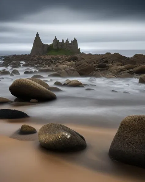 rocks on the beach, rocky foreground, dusty rock in background, wet grass and black stones, with jagged rocks and eerie, rocks coming out of the ground, bleak. big stones, small castle in the distance, rocky beach, rocky seashore, spikey rocks, alien castle in background, rocky environment, rocky landscape, sables crossed in background, black rocks