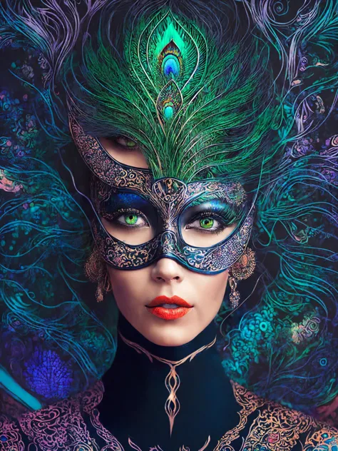 centered detailed portrait of a masked woman wearing a venetian mask, vibrant peacock feathers, intricate, elegant, highly detailed, digital painting, artstation, smooth, sharp focus, illustration, illuminated lines, outrun, vaporware, intricate venetian patterns, cyberpunk darksynth, by audrey kawasaki and ilya kuvshinov and alphonse mucha