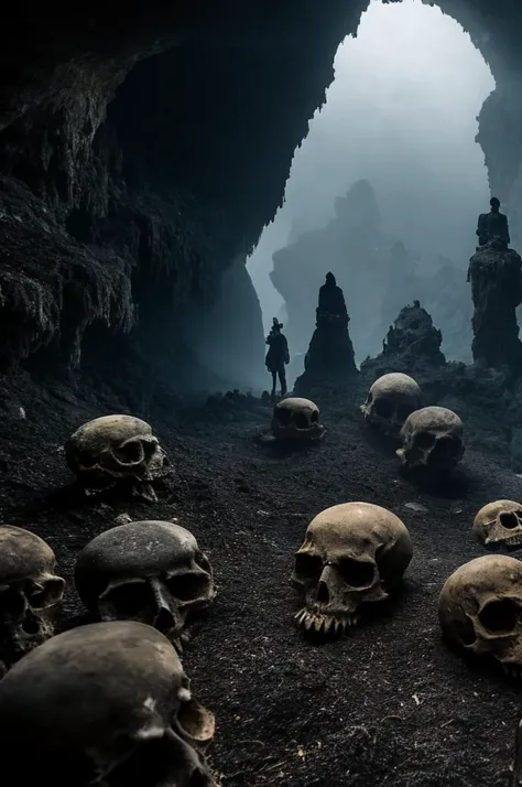 a group of skulls in a cave with a person standing in the background