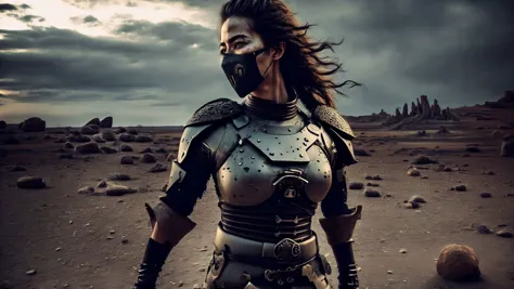 arafed woman in armor with a sword in a desert