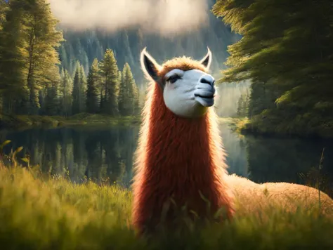 a cute llama is standing in the grass, lama, llama portrait, alpaca, llama, wild fluffy llama portrait, portrait of a llama, llama anthro portrait, cute! c4d, llama all the way, llama angel of sunrise, arnold maya render, lama with dreadlocks, nilian animation studio, character close-up, cory behance hd, no humans, realistic, animal focus, looking at viewer, cat, blurry, solo, animal, grass, brown eyes, closed mouth, signature, watermark on the art and no anthropographic reference on it but concept art with jane kardath design from paul l, duke playing vruben, focus on detail hyper-high-key-cgsoculapse-hd, kintsugi arctic lush forest, ancient the beside standing model ice and flowers watermelon daine large two, 4 engine disgae, detailed, art matte masterpiece beautiful very lighting, epic detail fantasy intricate style composition and, (background forest landscape forest landscape lake fog:1.16) dramatic in clouds, lighting, clouds heavy detailed, highly hyperrealist style painting, detailed illustration fantasy lighting, fantasy forest dramatic face centered, eyes red mist floating in hair with woman female warrior, mountain with dress red with merle darth young red pale stunning