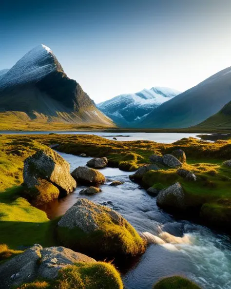 a river running through a lush green valley next to a mountain