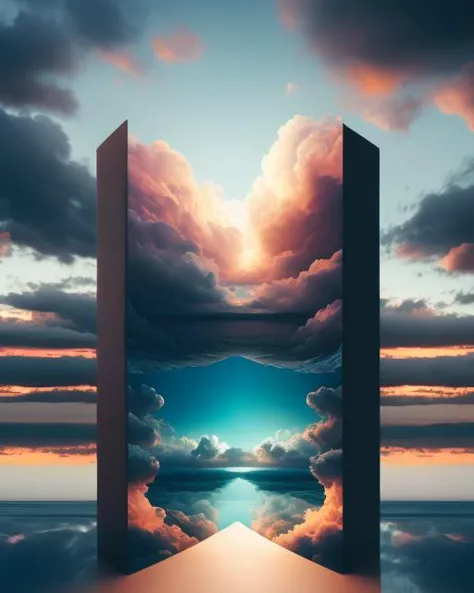 a door to a sky with clouds and a sunset