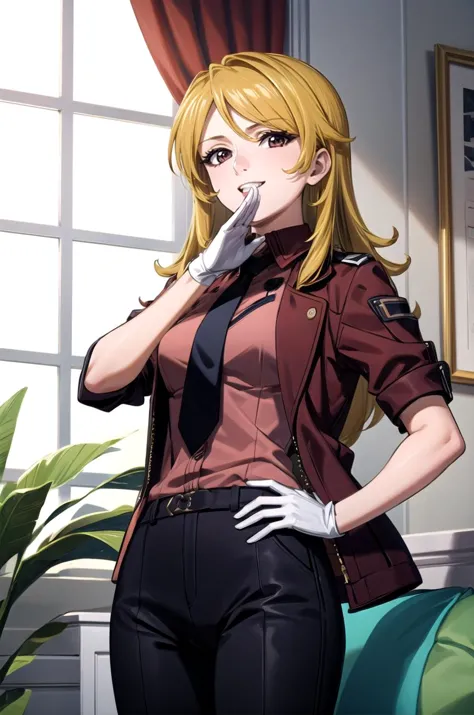 anime girl in uniform smoking a cigarette in a living room