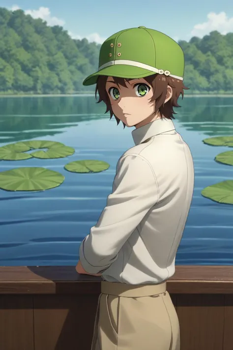 anime boy in a green hat looking out over a lake