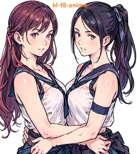 (2girls:1.5), sfw, official art, (masterpiece), best quality, 8k resolution, (photorealistic:1.3), (from front:1.2), (2 beautiful teenage girls from volleyball Club), (standing on same level, side by side, facing left, arms at sides:1.3),  (short black ponytail, hair tie),  (brown side ponytail), shiny eyes, (slanting grin), medium breasts, (upper body, cropped under waist:1.4), (highly detailed face:1.1), (Vivid facial expressions:1.1), (extremely detailed body), (perfect fit body), (extremely vivid body fluids), (natural body proportion), (close up, face focus:1.3), (classroom), (sports wear)