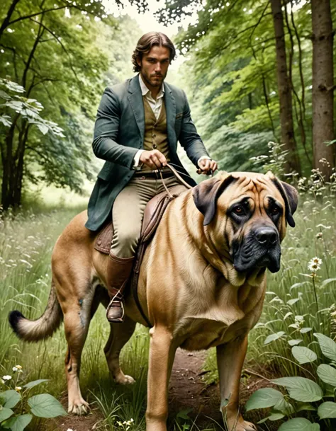 A man riding an English Mastiff-style dog, by john william waterhouse, charlie bowater, agnes cecile, Mucha and Gabriel Ferrier,...