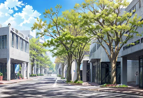 trees line the street in front of a building with a fountain