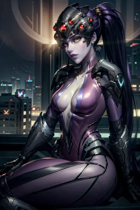 (masterpiece, best quality)
1girl, solo, long hair, breasts, looking at viewer, gloves, cleavage, medium breasts, sitting, yellow eyes, ponytail, purple hair, boots, black gloves, armor, lips, bodysuit, tattoo, night, colored skin, shoulder armor, between ...