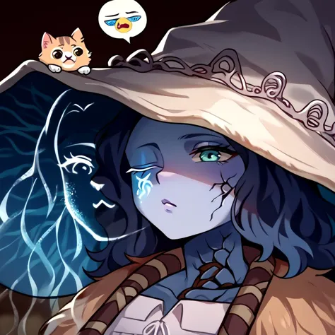 witch with a cat on her shoulder and a hat on her head