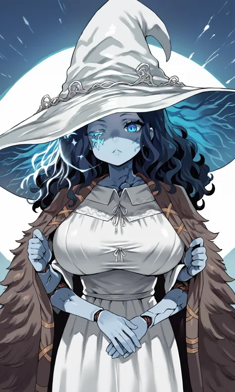 a woman in a witch hat and white dress holding a wand