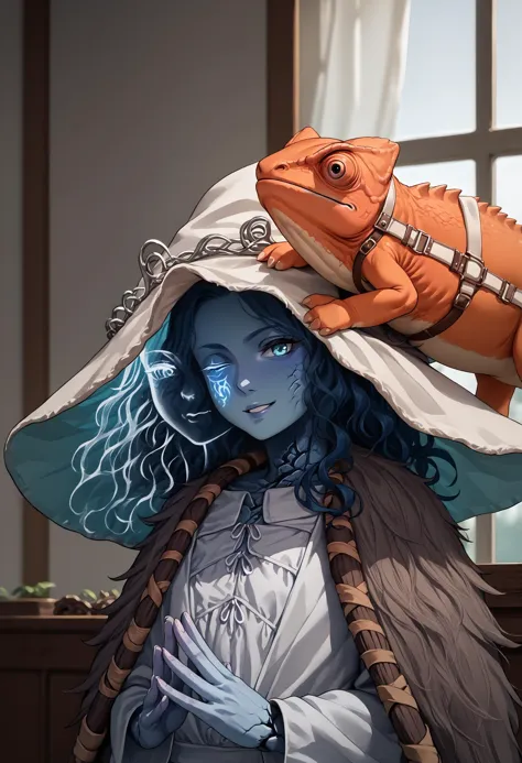 a woman with a hat and a lizard on her head