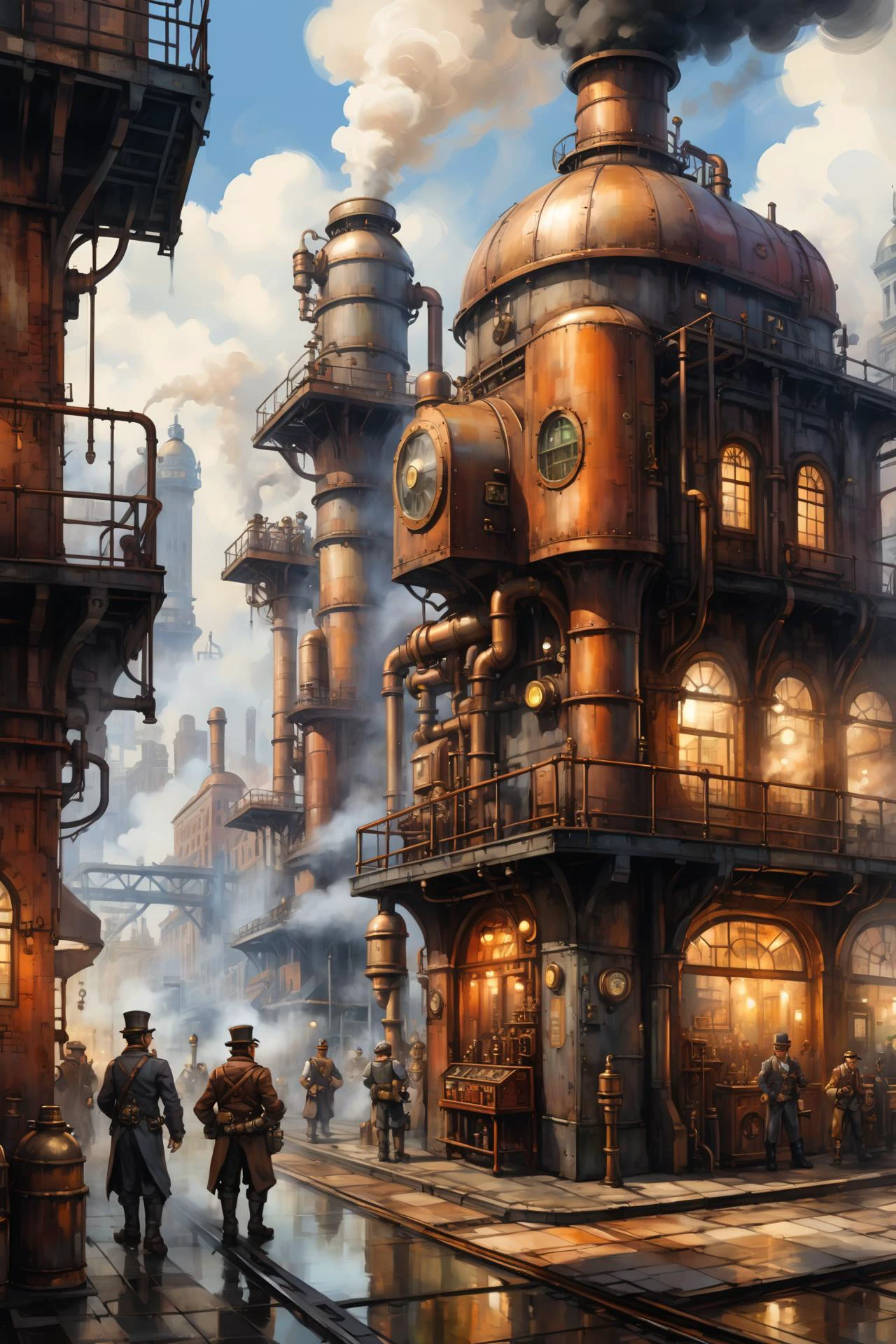 2d game scene, oil and watercolor painting, scenery, steam punk city, steam, (masterpiece:1.2), best quality