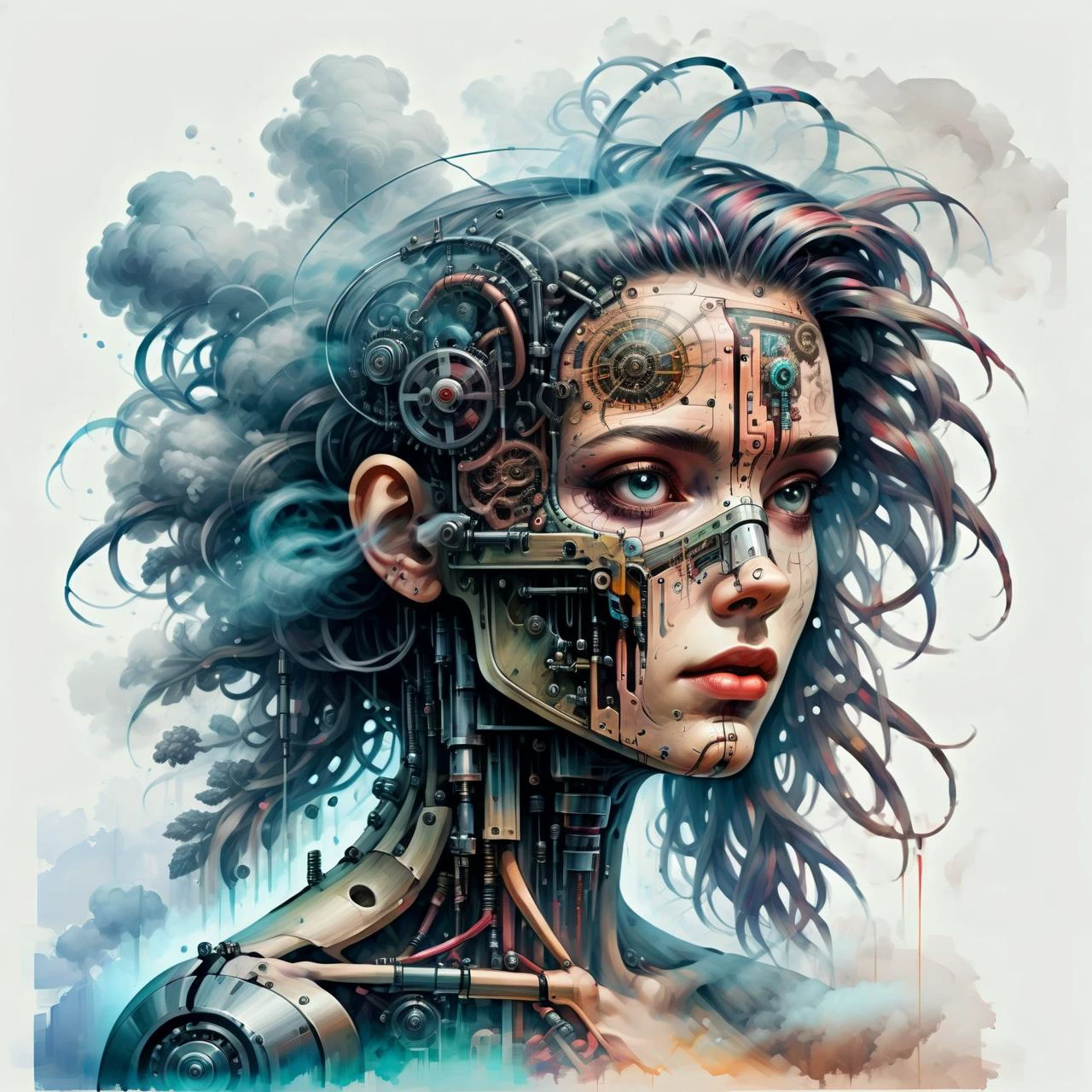 2D-Spielszene, Öl- und Aquarellmalerei, 1girl cyberpunk,Nebel, Rauch Doppelbelichtung, weißer Hintergrund Biomechanik, Tuschezeichnung, anatomisch, Und_Vinci, Vitruvian, Science-Fiction, Maschine, mechanische Teile