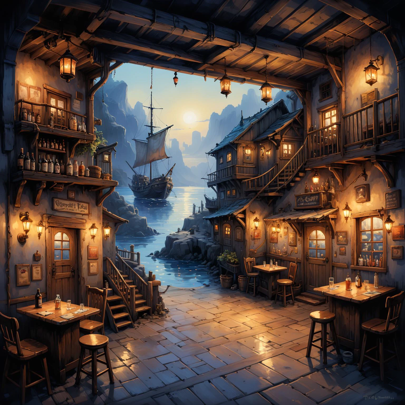 A vivid, 2d game scene of a pirate cove,  oil and watercolor painting,   a cozy rustic tavern and bar, brimming with the lively atmosphere of pirate life and grog, nestled within the heart of a bustling pirate cove reminiscent of the Monkey Island game series. Inside the tavern, rugged pirates share tales and laughter over mugs of grog. The wooden interior is adorned with nautical relics and lit by flickering lanterns, creating a warm inviting ambiance. Through the windows the distant view extends out to the cove: weathered pirate ships at dock, their sails marked with skulls and crossbones, sway gently in the harbor.  This tavern scene captures the essence of pirate adventure and camaraderie, serving as a window to the whimsical and thrilling world just outside its doors.(masterpiece:1.4), best quality