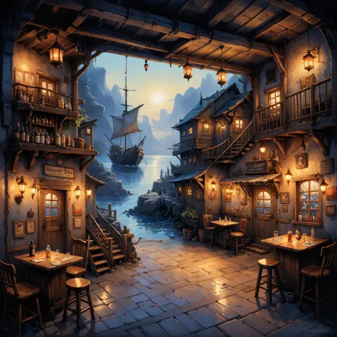 A vivid, 2d game scene of a pirate cove,  oil and watercolor painting,   a cozy rustic tavern and bar, brimming with the lively atmosphere of pirate life and grog, nestled within the heart of a bustling pirate cove reminiscent of the Monkey Island game series. Inside the tavern, rugged pirates share tales and laughter over mugs of grog. The wooden interior is adorned with nautical relics and lit by flickering lanterns, creating a warm inviting ambiance. Through the windows the distant view extends out to the cove: weathered pirate ships at dock, their sails marked with skulls and crossbones, sway gently in the harbor.  This tavern scene captures the essence of pirate adventure and camaraderie, serving as a window to the whimsical and thrilling world just outside its doors.<lora:Retro_Illustration:1>  (masterpiece:1.4), best quality