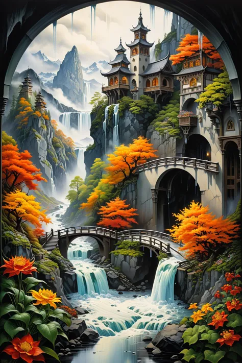 a painting of a waterfall and a bridge in a mountain landscape