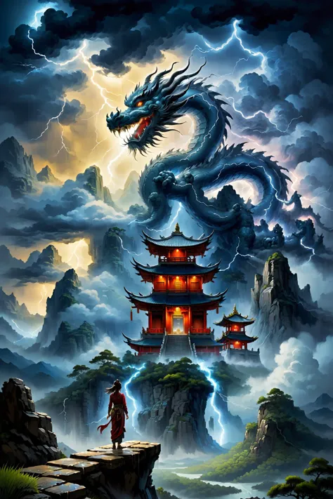 woman standing infront of buddhist temple in the mountains, dragon in storm clouds, lightning, rain, dark sky <lora:Storm_Cloud_...