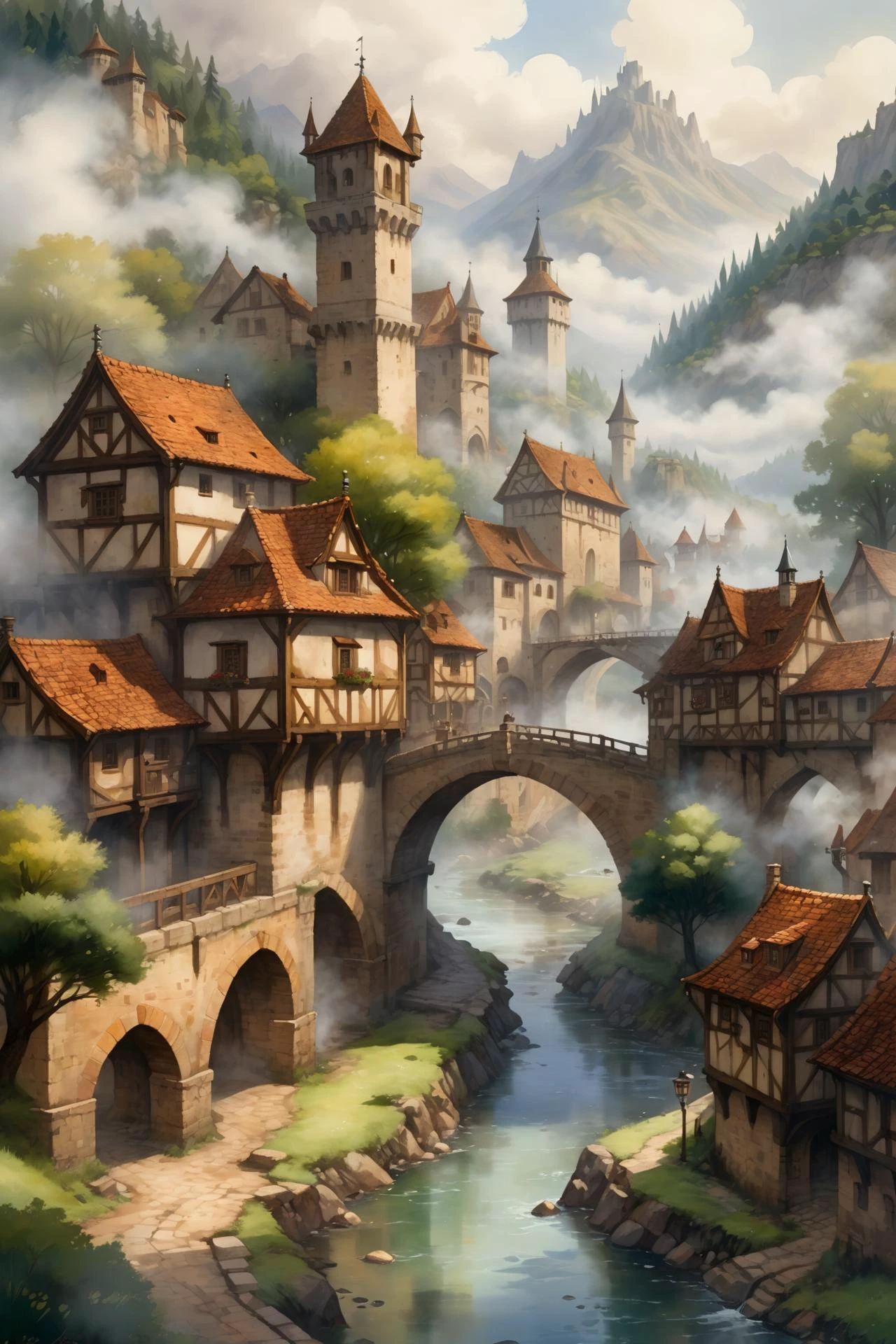 2d game scene, oil and watercolor painting, scenery, mediaeval town, river, bridges, steam, fog, mountain, tree, forest, (masterpiece:1.2), best quality