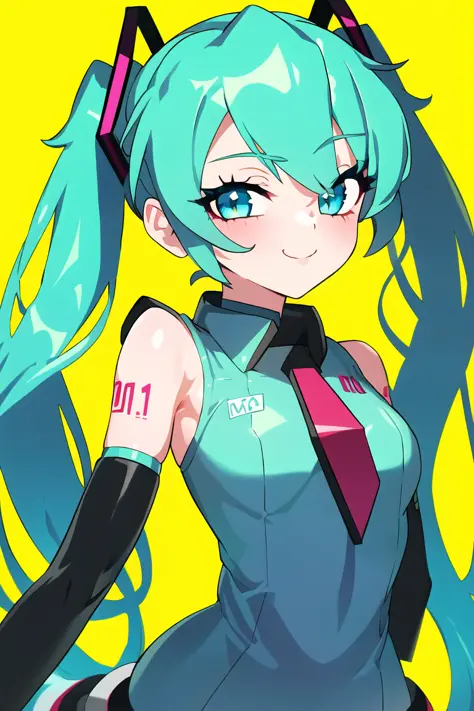 (best quality, masterpiece1.2), detailed,1girl, solo,looking at viewer,simple background, , uwu,   curvy, upper body,  close-up,yellow background,
standing ,smile ,detailed eyes  , adorable face , cute, hatsune miku, log eyelashes,
<lora:beautifulDetailedE...